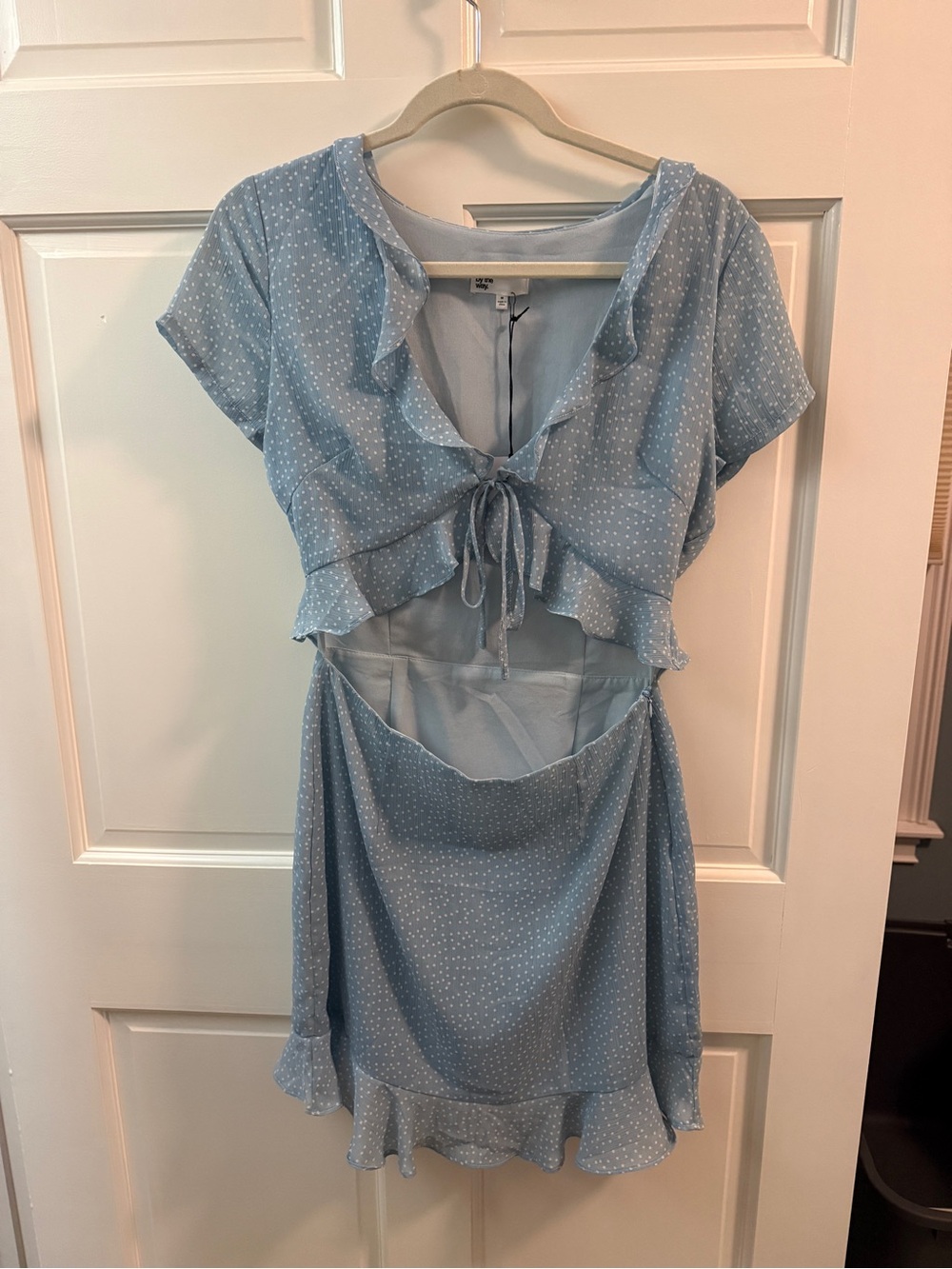 by the way. Light Blue Polka Dot Tie-Front Cutout Mini Dress